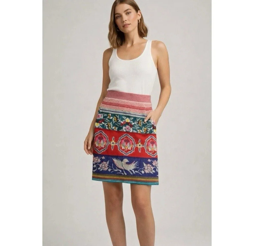 Anthropologie Moth Chava Embroidered Folk Bird Floral Knit Skirt Small Bohemian